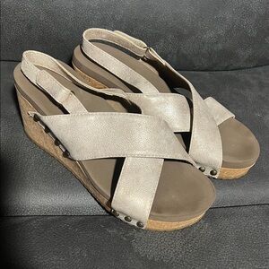 Corkys Metallic Taupe Crisscross Slingback Wedges
